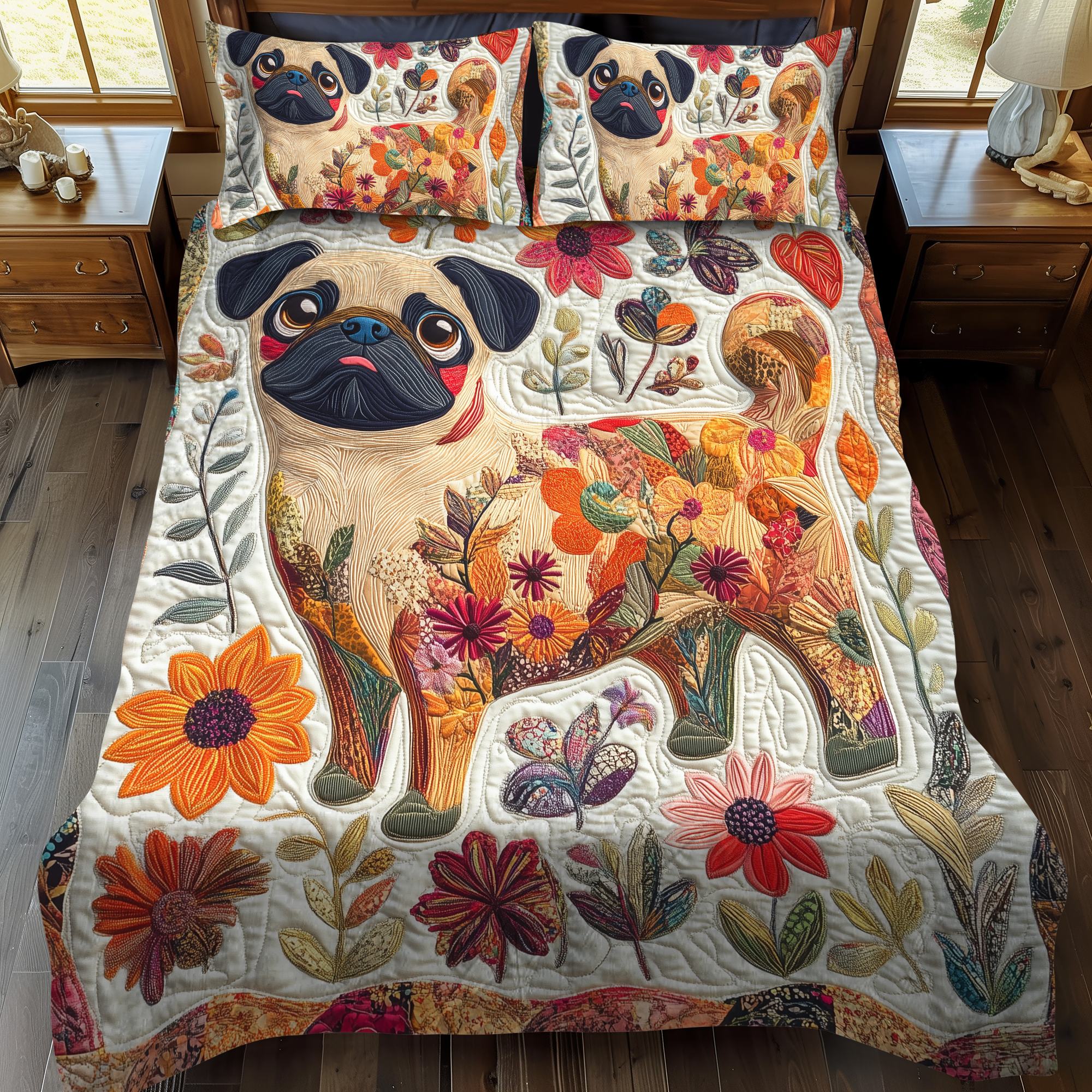 Lovable Pugs 3-Piece Quilted Bedding Set NCU0VL364