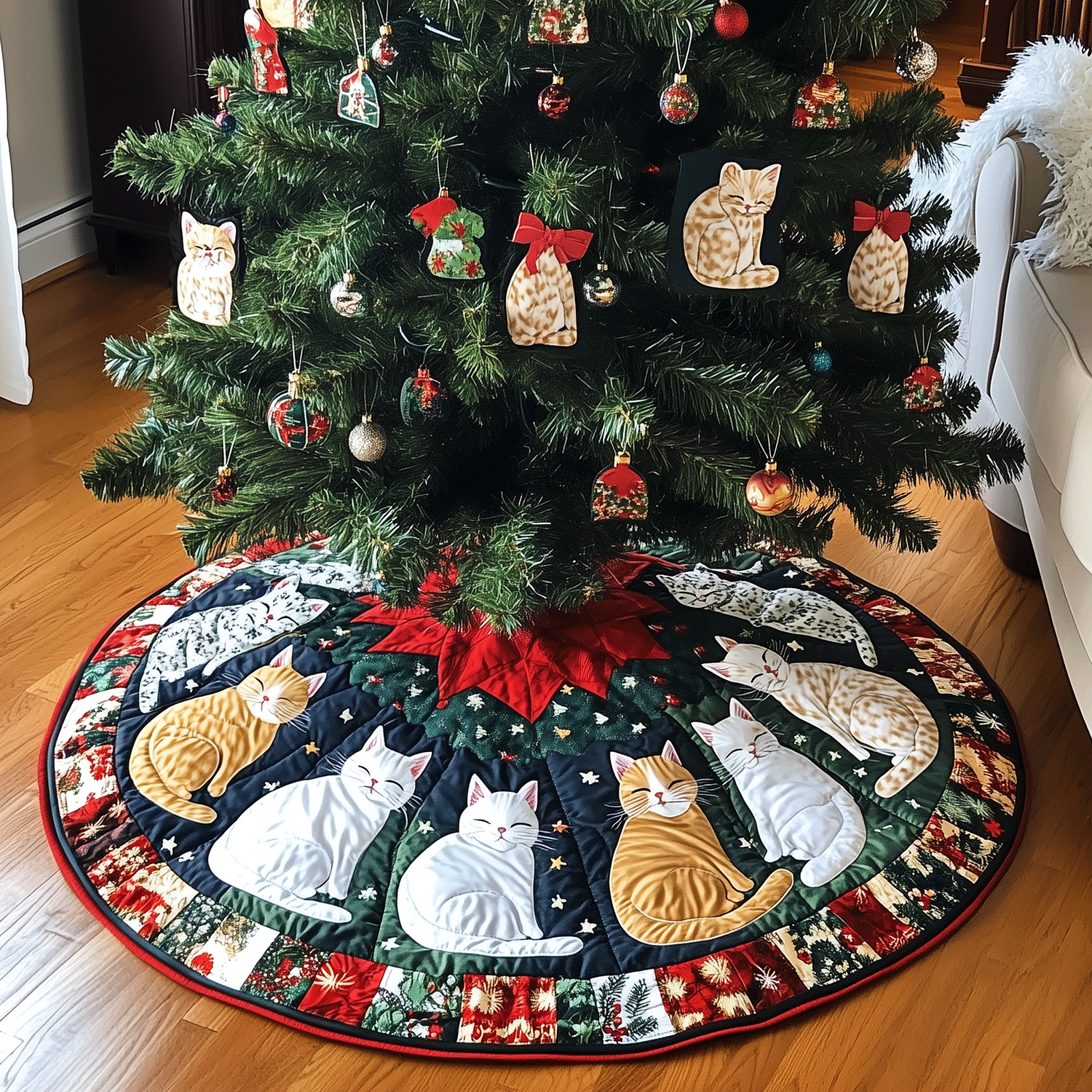 Meowy Christmas Quilted Christmas Tree Skirt NCU0TH1937