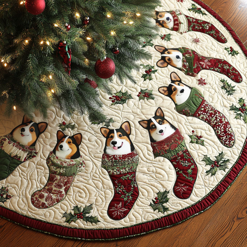 Merry Corgi Magic Quilted Christmas Tree Skirt NCU0PT1477