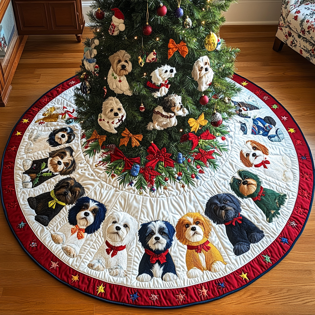 Merry Shih Tzu Wishes Christmas Quilted Tree Skirt NCU0DV1584