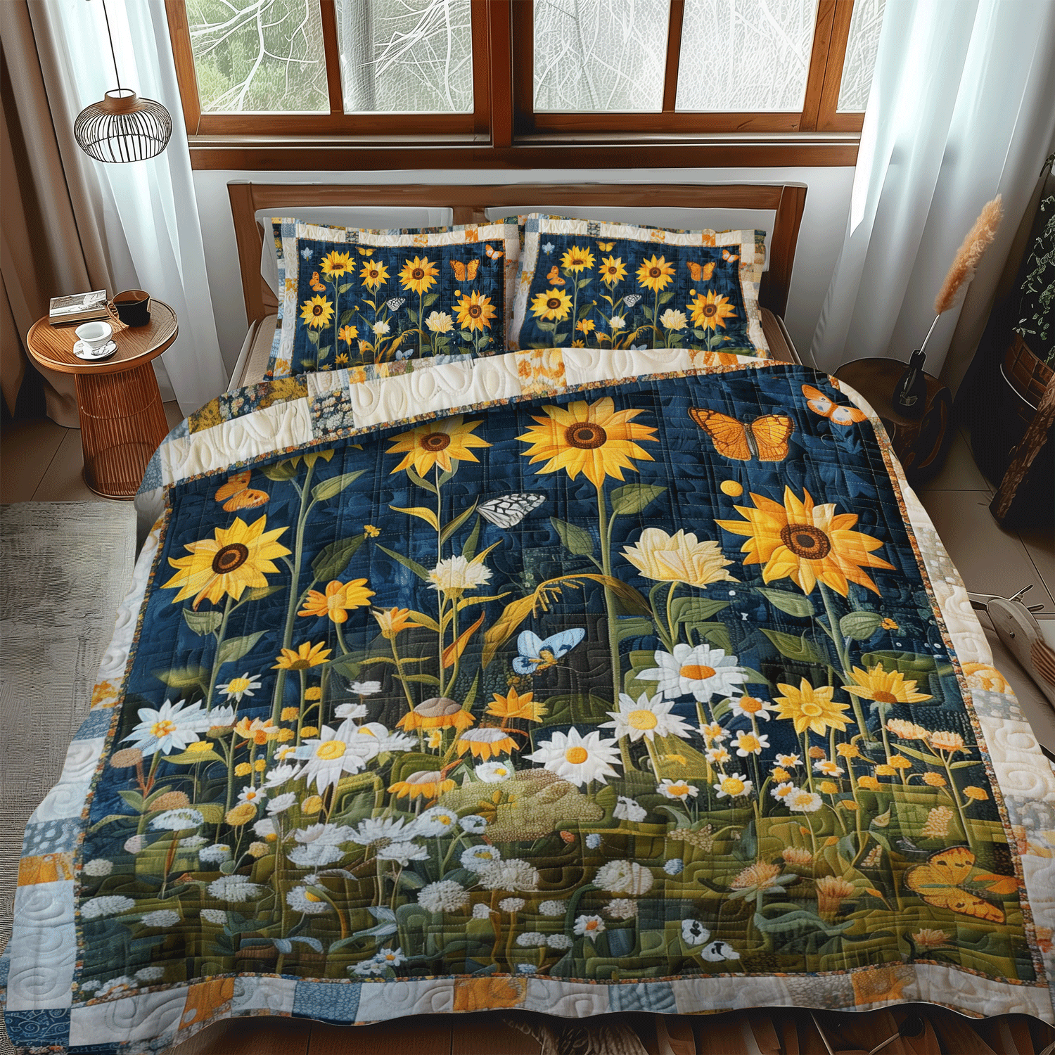 Midnight Sunflowers 3-Piece Quilted Bedding Set NCU0TH1002