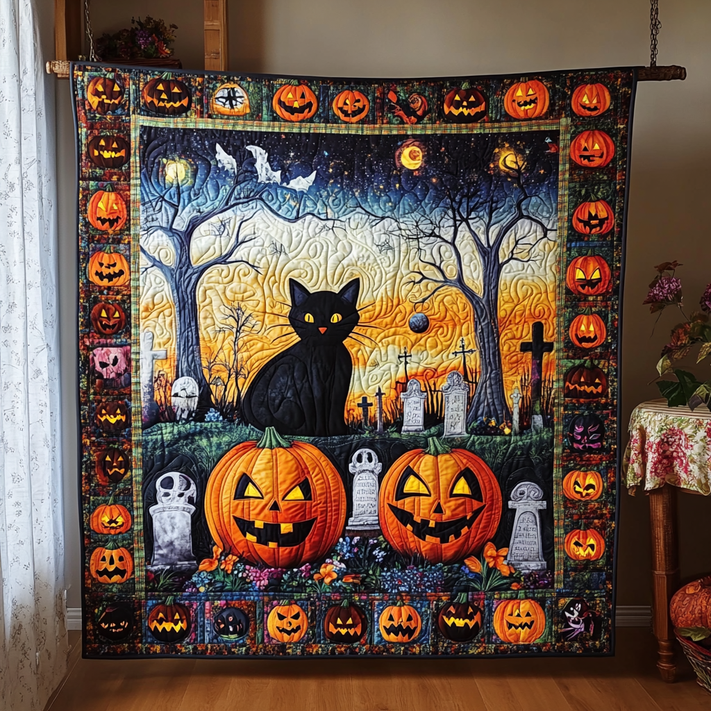 Monster Mash Black Cat Quilted Blanket NCU0PD399