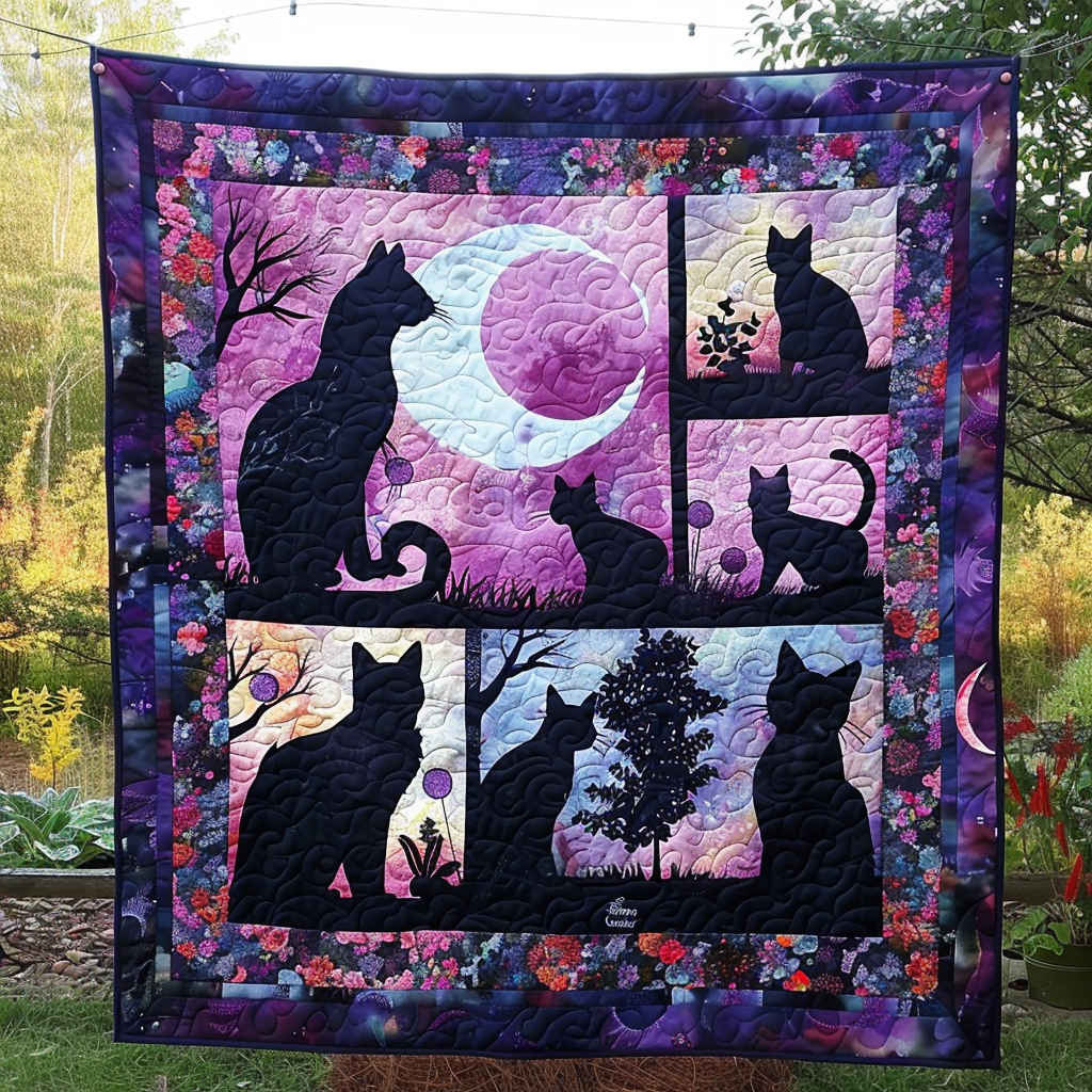 Moonlit Black Cat Family Quilted Blanket NCU0TH274