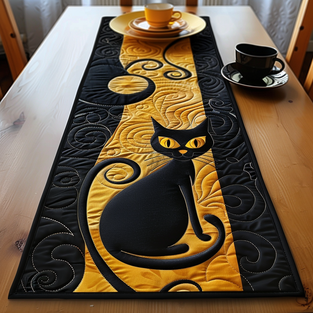 Moonlit Cat Elegance Quilted Table Runner NCU0TH428