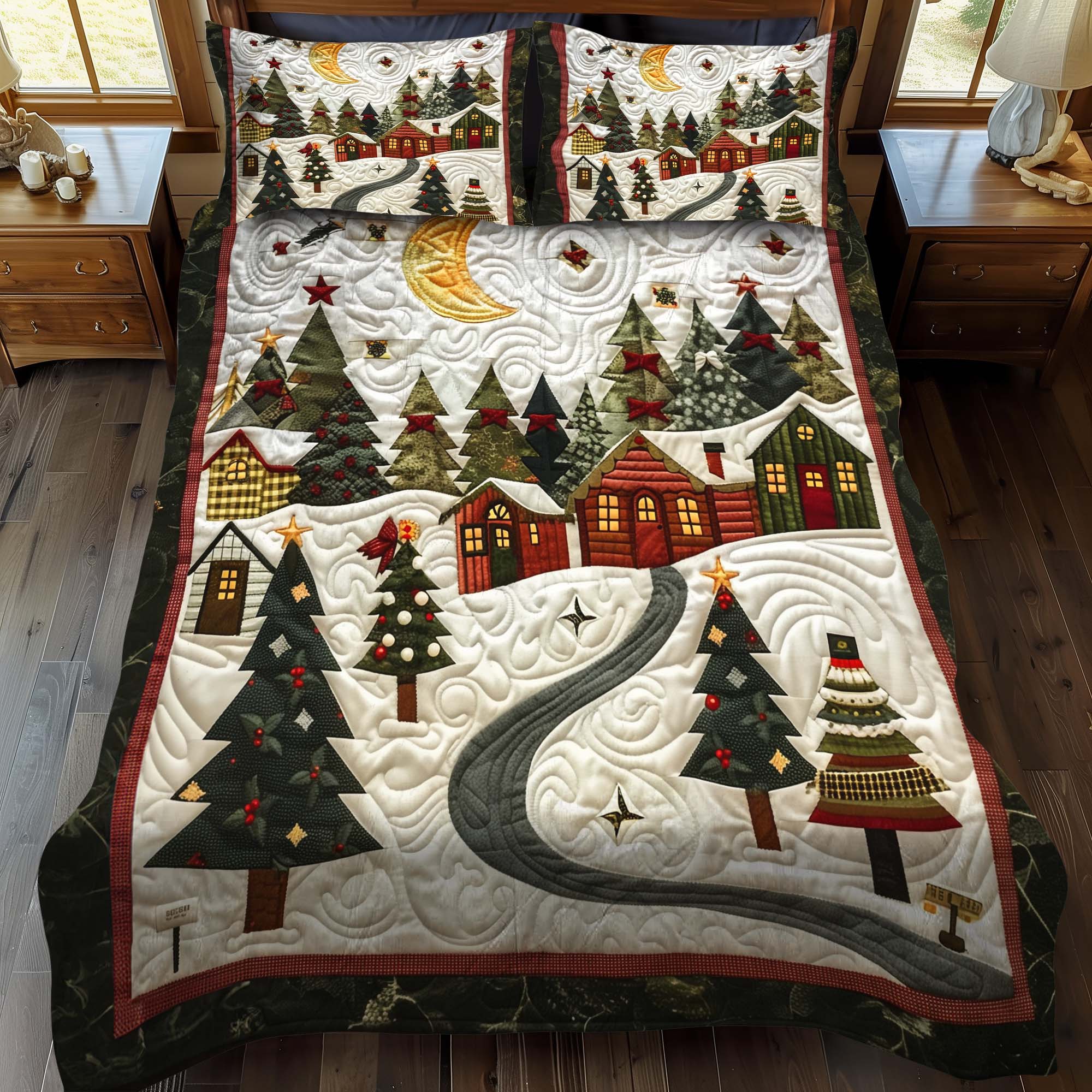 Moonlit Christmas Village 3-Piece Quilted Bedding Set NCU0NT048