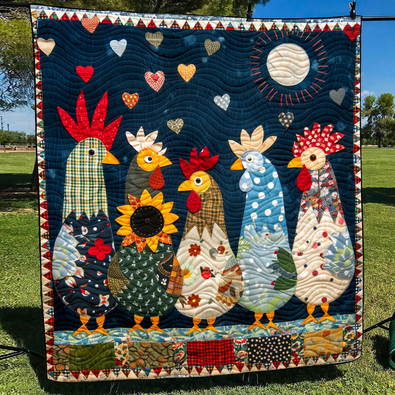 Moonlit Roosters Art Quilt Hanging NCU0TH1567