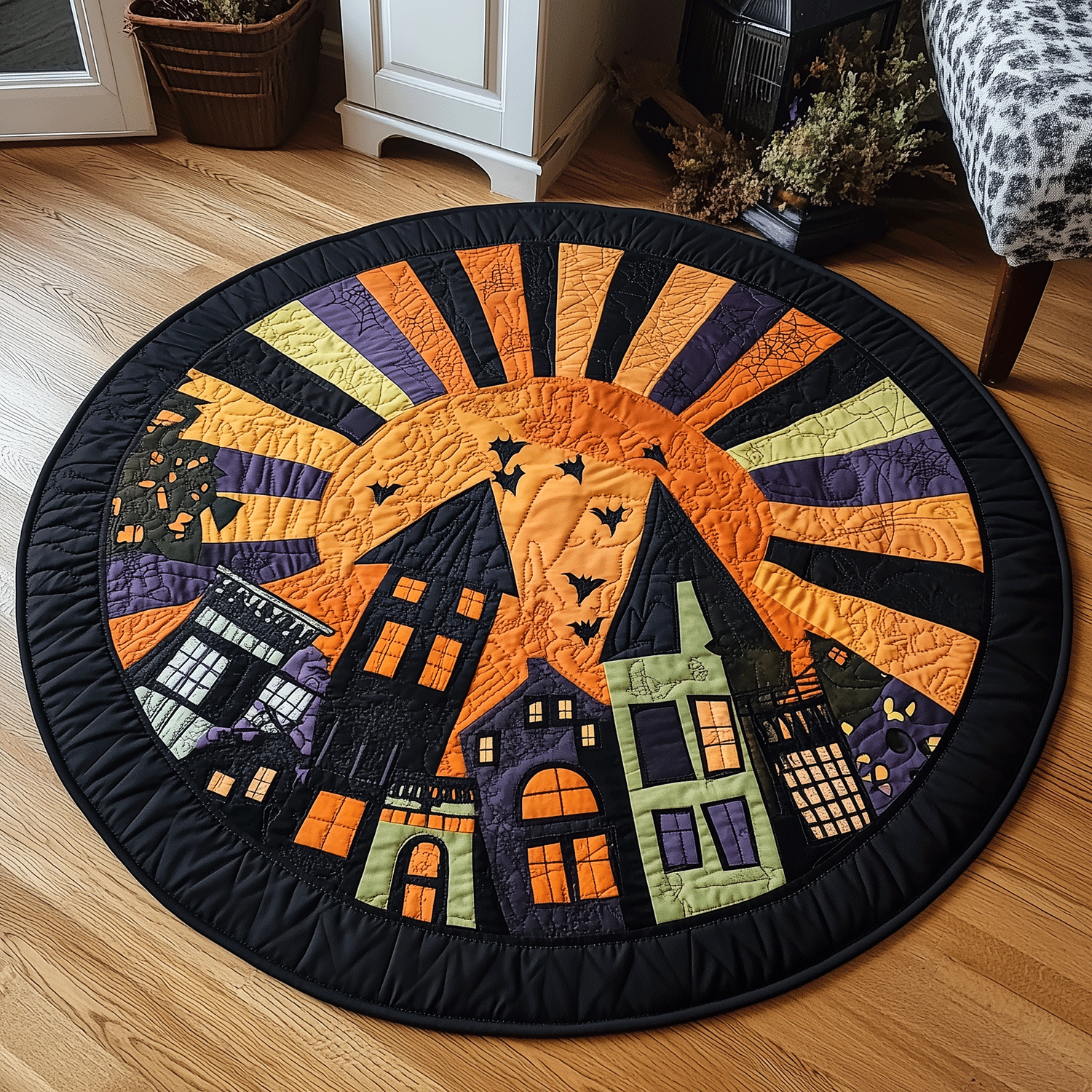 Moonlit Haunted Town Quilted Round Mat NCU0TH1898