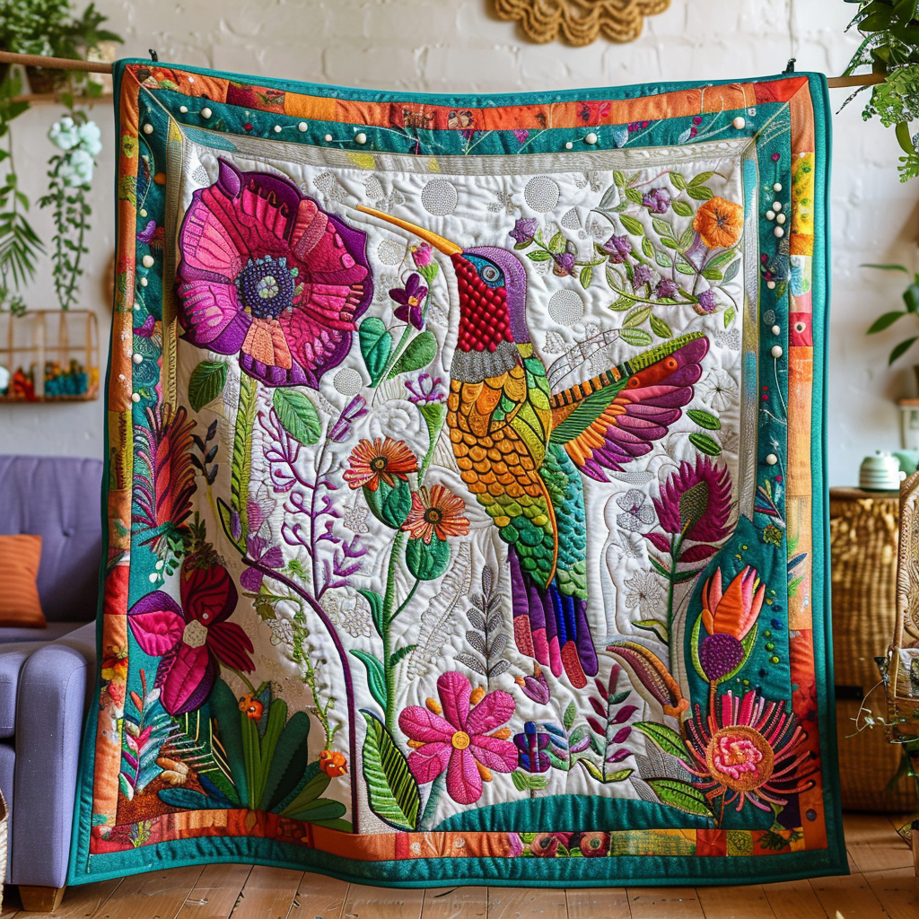 Nature-Inspired Hummingbird Quilted Blanket NCU0PD273