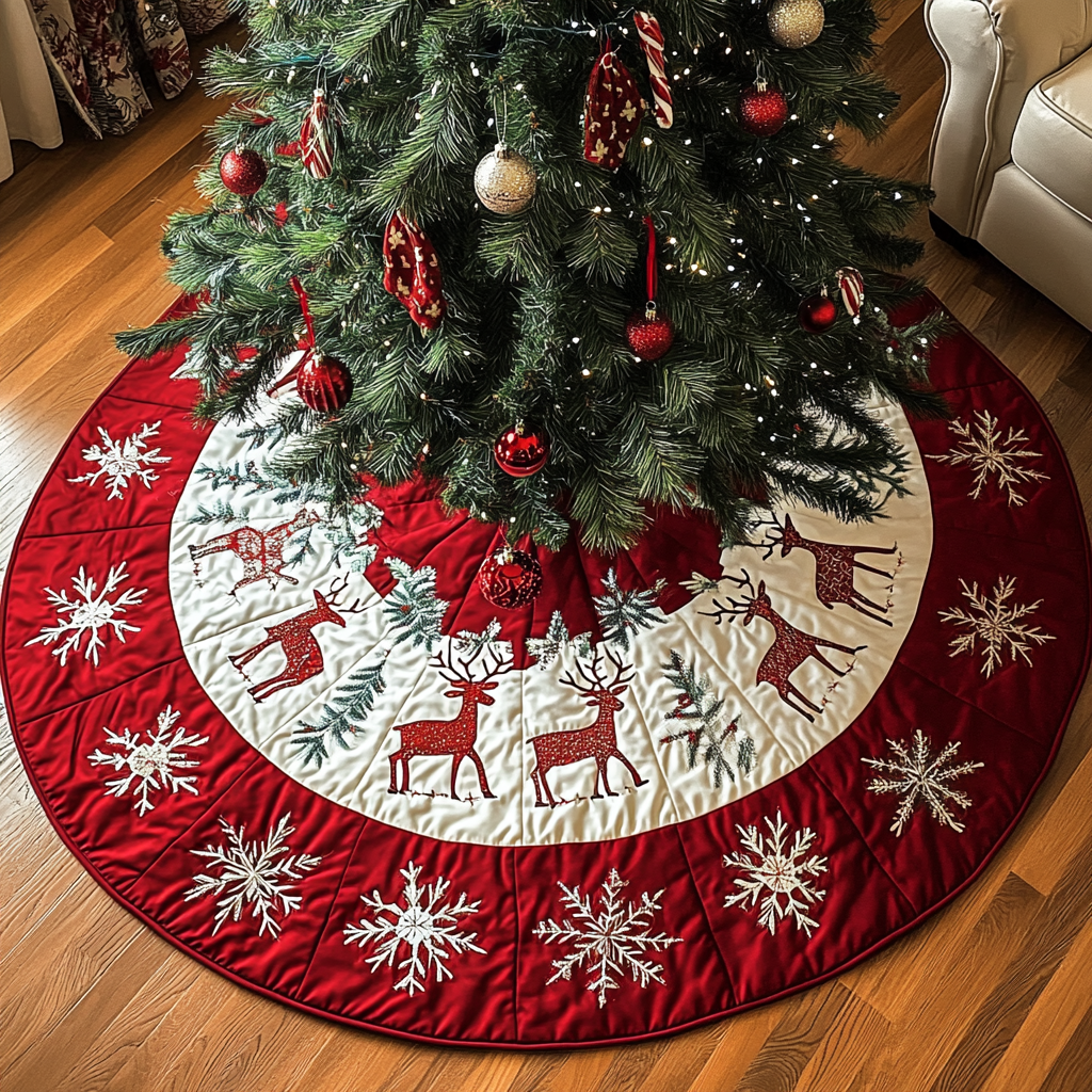 Northern Lights Reindeer Christmas Quilted Tree Skirt NCU0DK1471