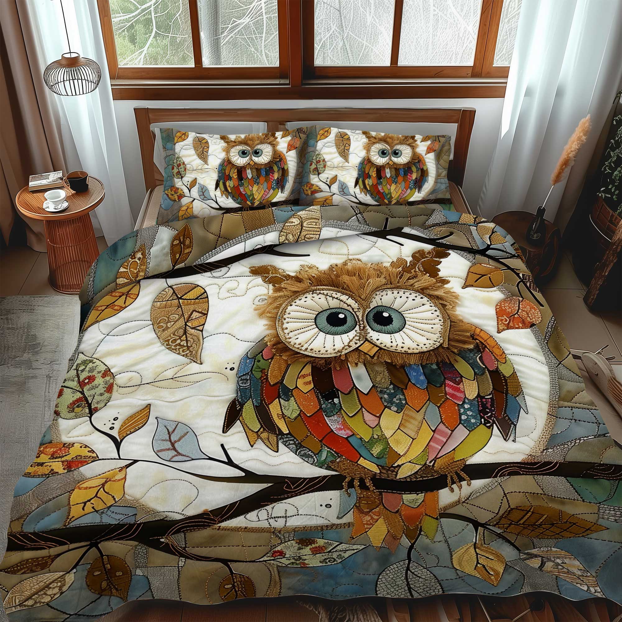 Colorful Owl Patchwork 3-Piece Quilted Bedding Set NCU0HY004