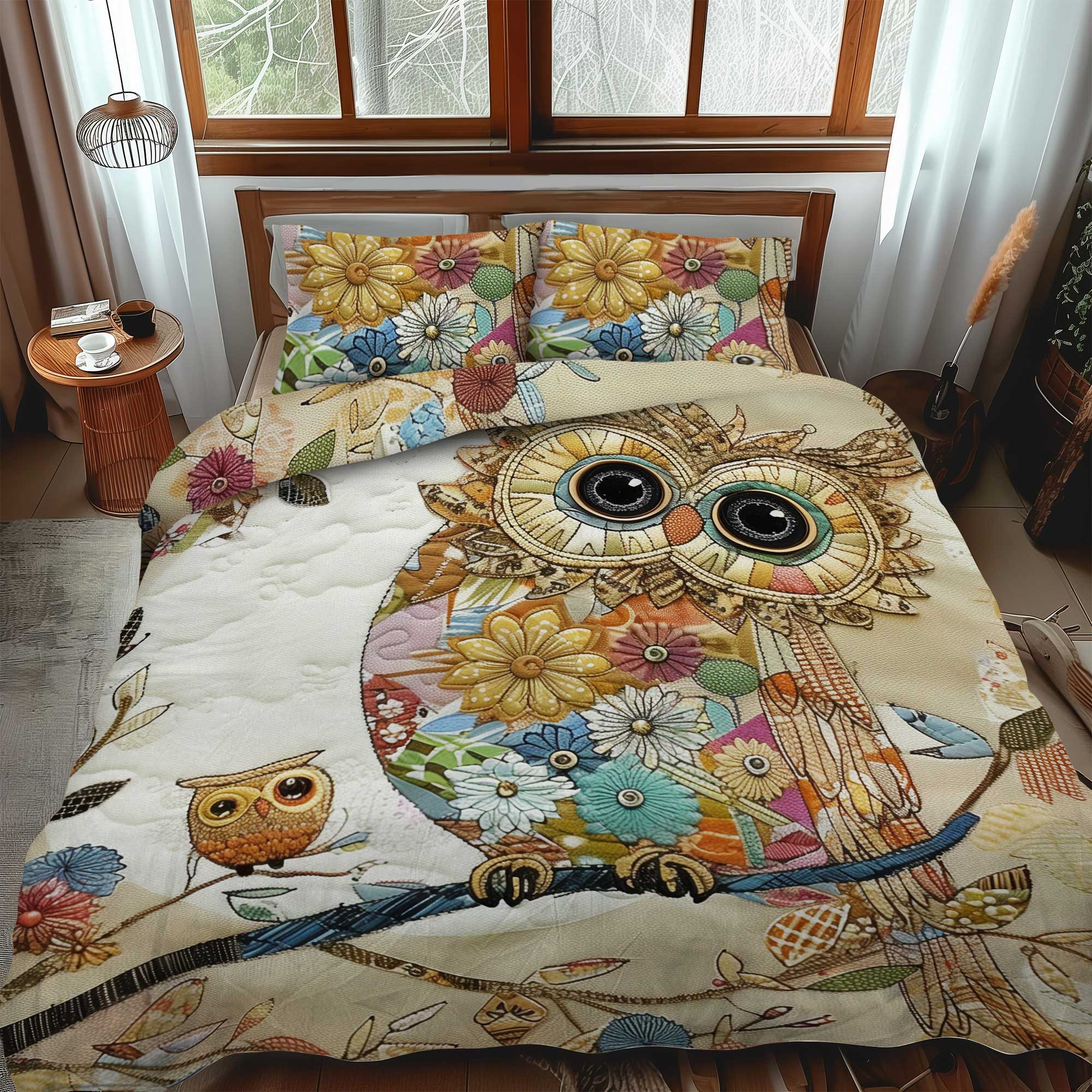 Floral Owl Patchwork 3-Piece Quilted Bedding Set NCU0HY005