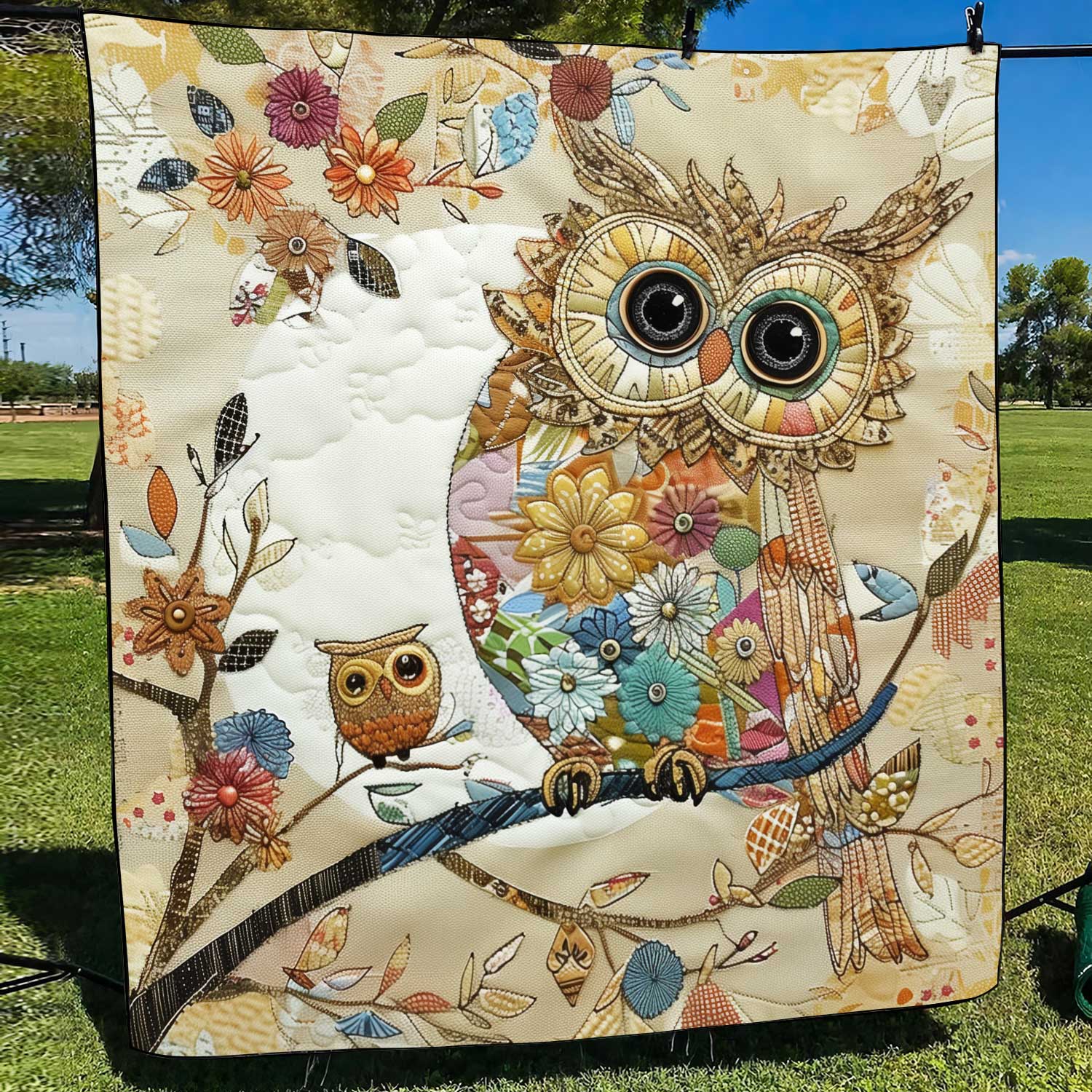 Floral Owl Patchwork Quilted Blanket NCU0HY005