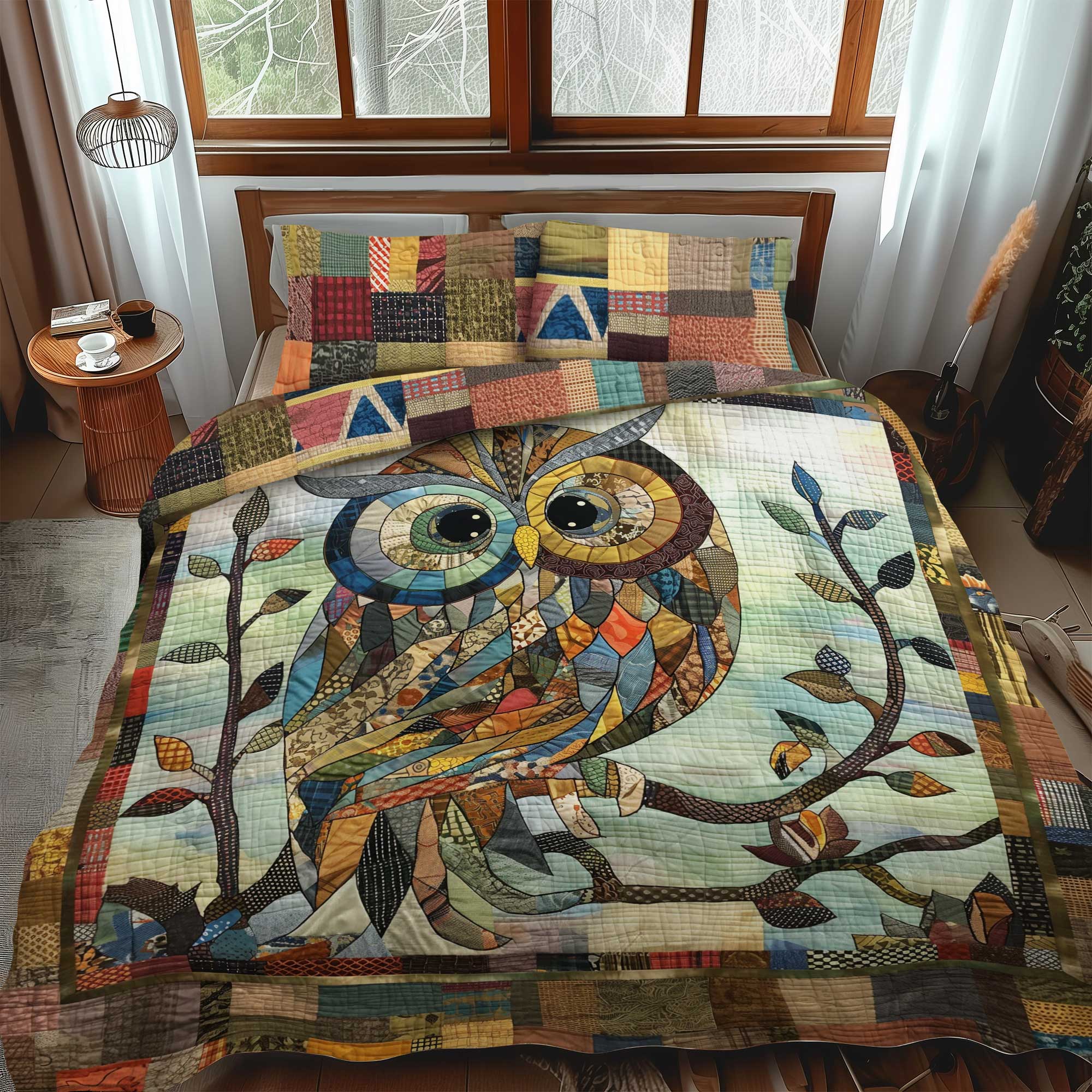 Vintage Owl Patchwork 3-Piece Quilted Bedding Set NCU0HY008