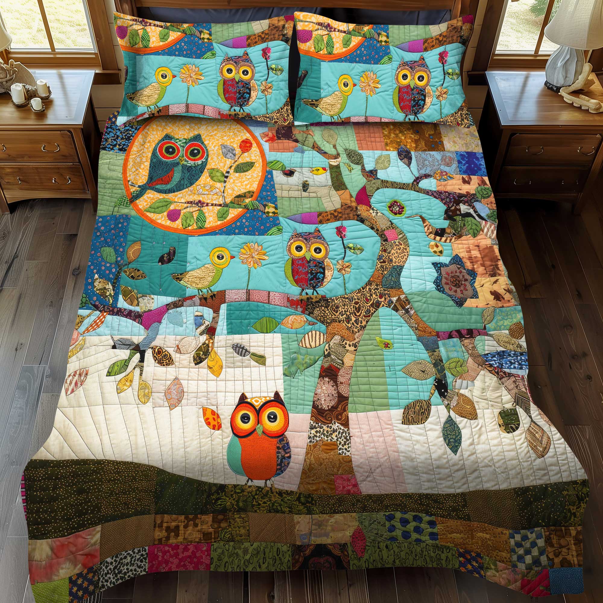 Colorful Owl Patchwork 3-Piece Quilted Bedding Set NCU0HY010