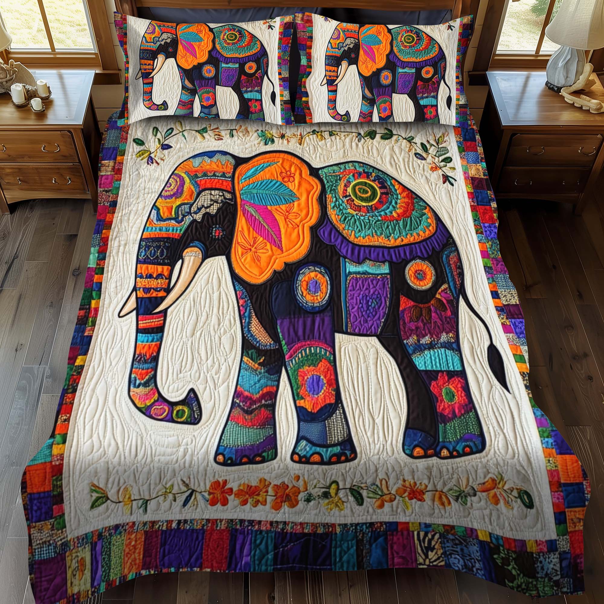 Ornate Elephant 3-Piece Quilted Bedding Set NCU0NT945