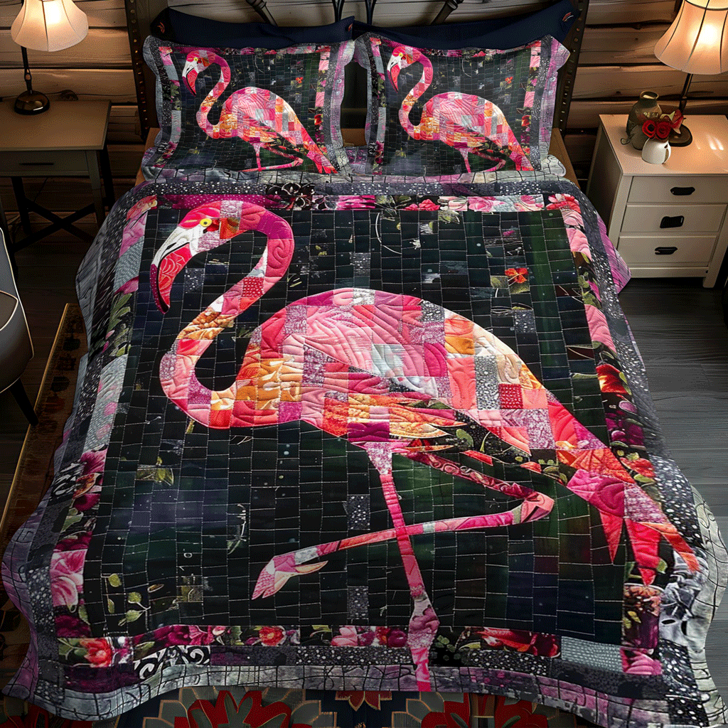 Pink Flamingo Delight 3-Piece Quilted Bedding Set NCU0TL784