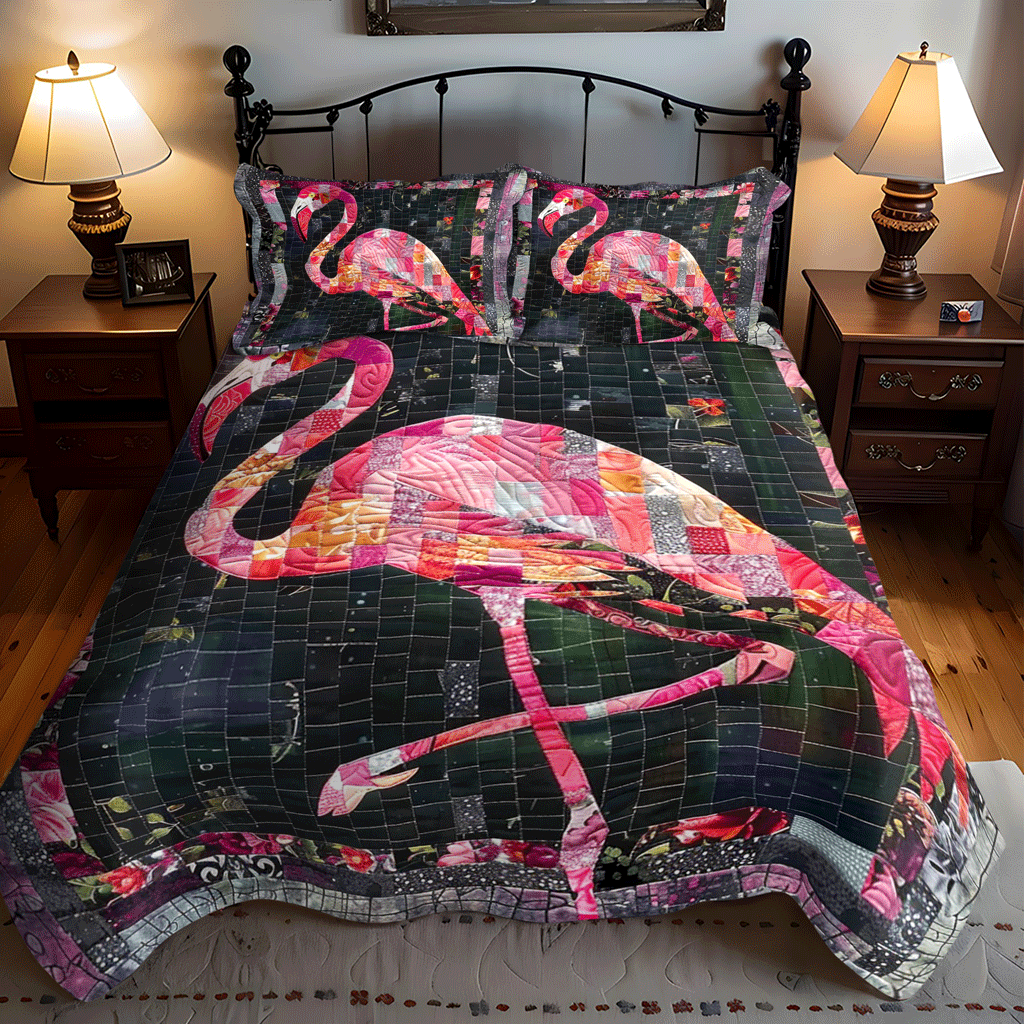 Pink Flamingo Delight 3-Piece Quilted Bedding Set NCU0TL784