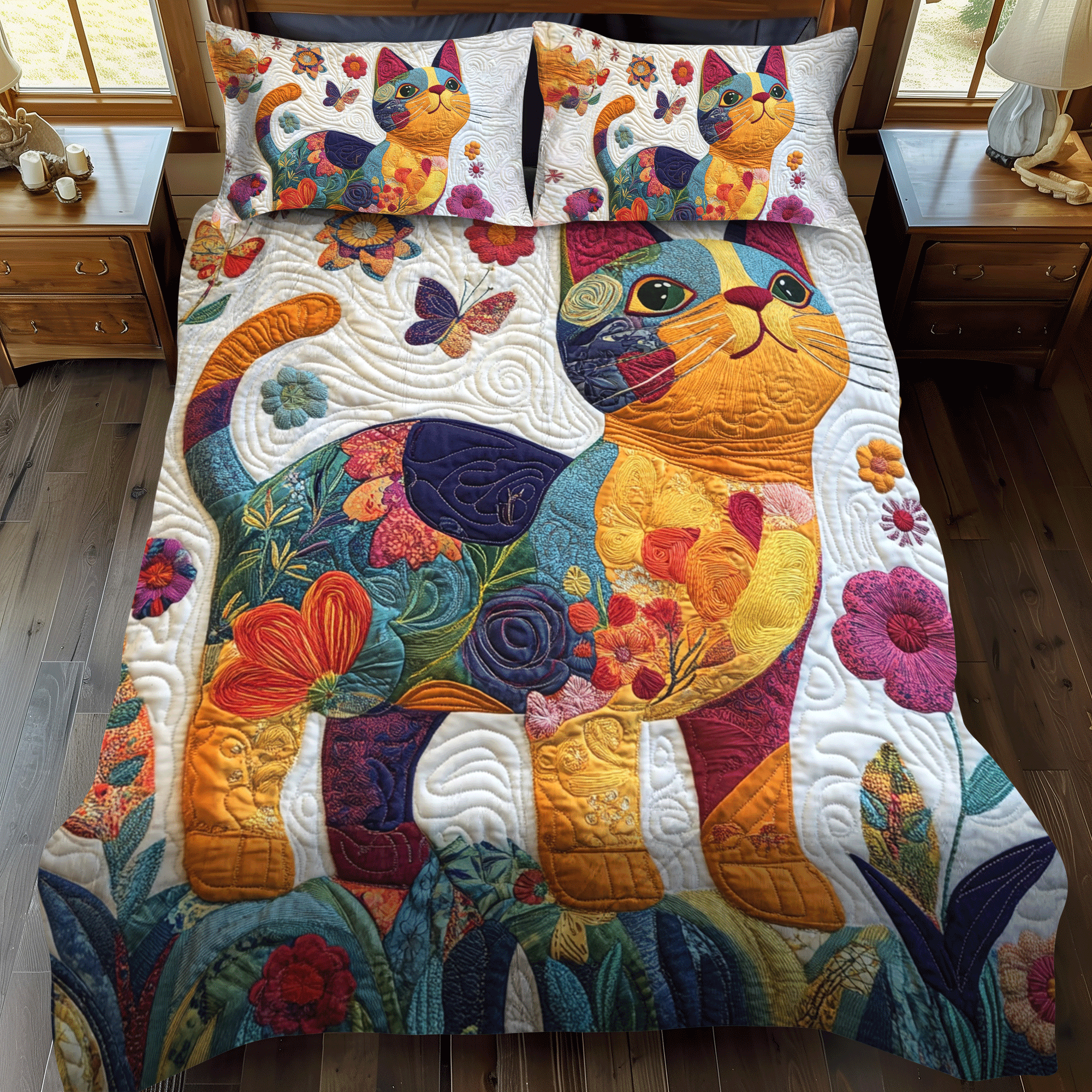 Playful Floral Cats 3-Piece Quilted Bedding Set NCU0PD424