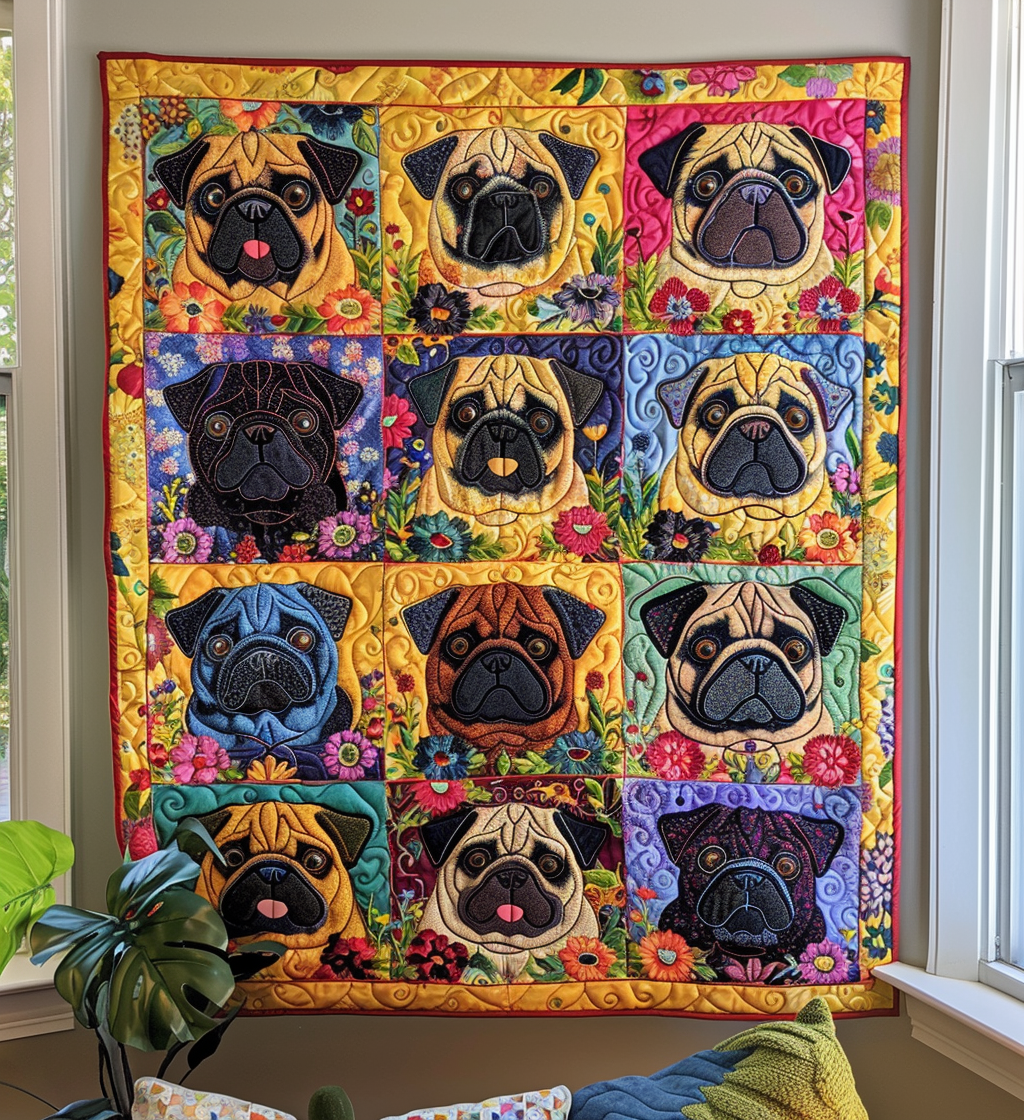 Playful Pugs Quilted Blanket NCU0VL074