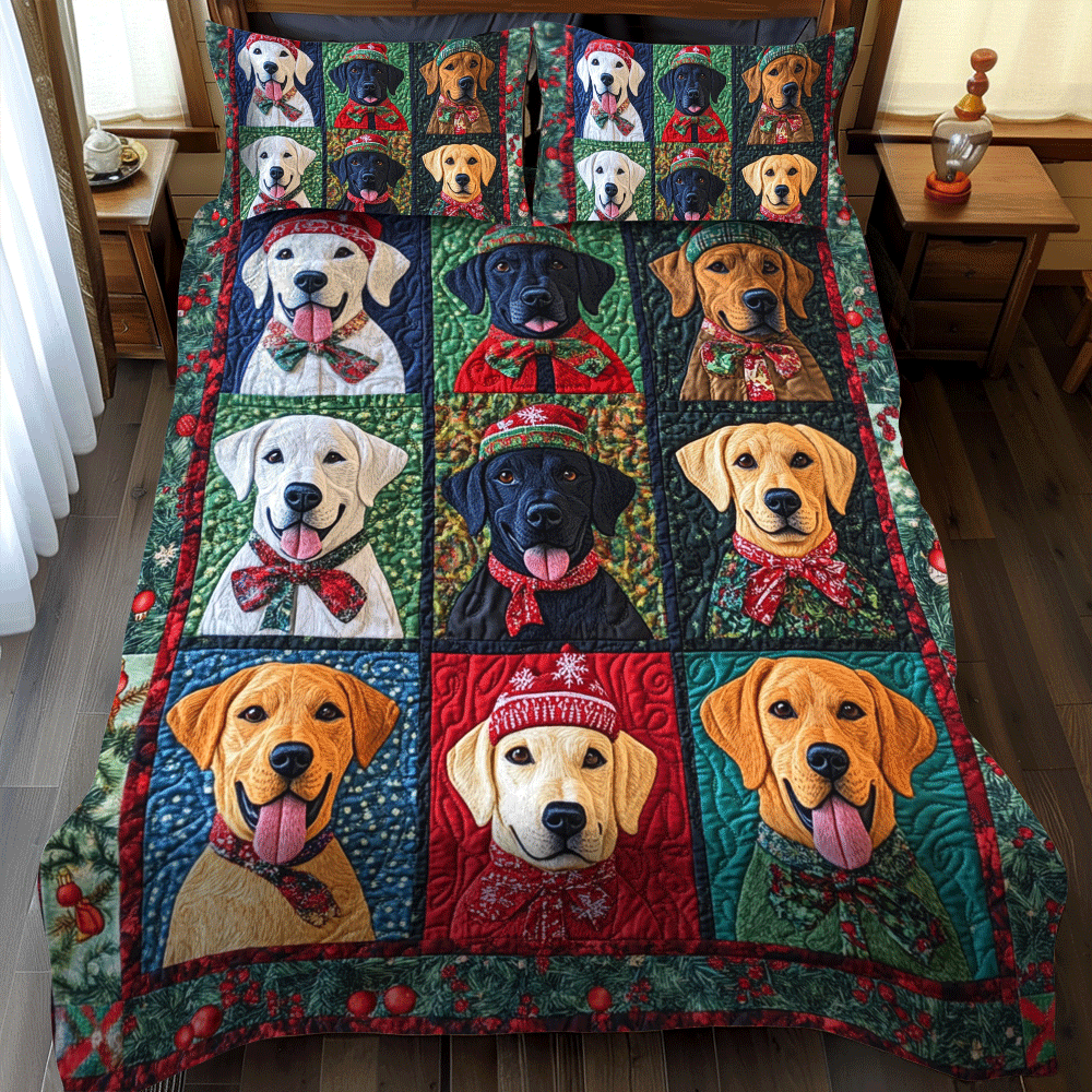 Playful Christmas Labrador 3-Piece Quilted Bedding Set NCU0PD543