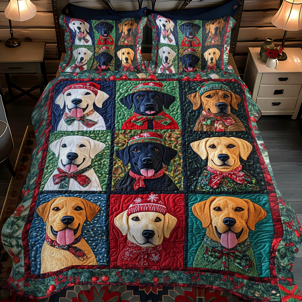 Playful Christmas Labrador 3-Piece Quilted Bedding Set NCU0PD543