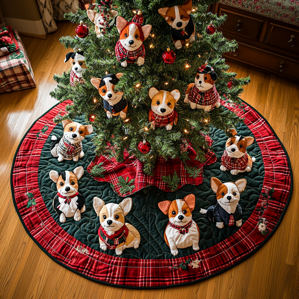 Playful Plaid Corgi Chritstmas Quilted Tree Skirt NCU0DV1339