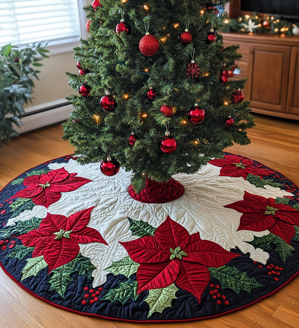 Poinsettia Parade Quilted Christmas Tree Skirt NCU0PT1035