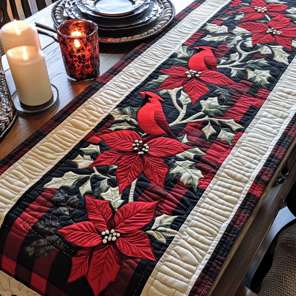 Poinsettia Plaid Cardinal Quilted Table Runner NCU0DV1321