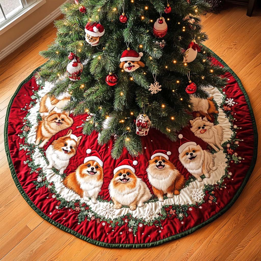 Pomeranian Delight Christmas Quilted Tree Skirt NCU0NT1695