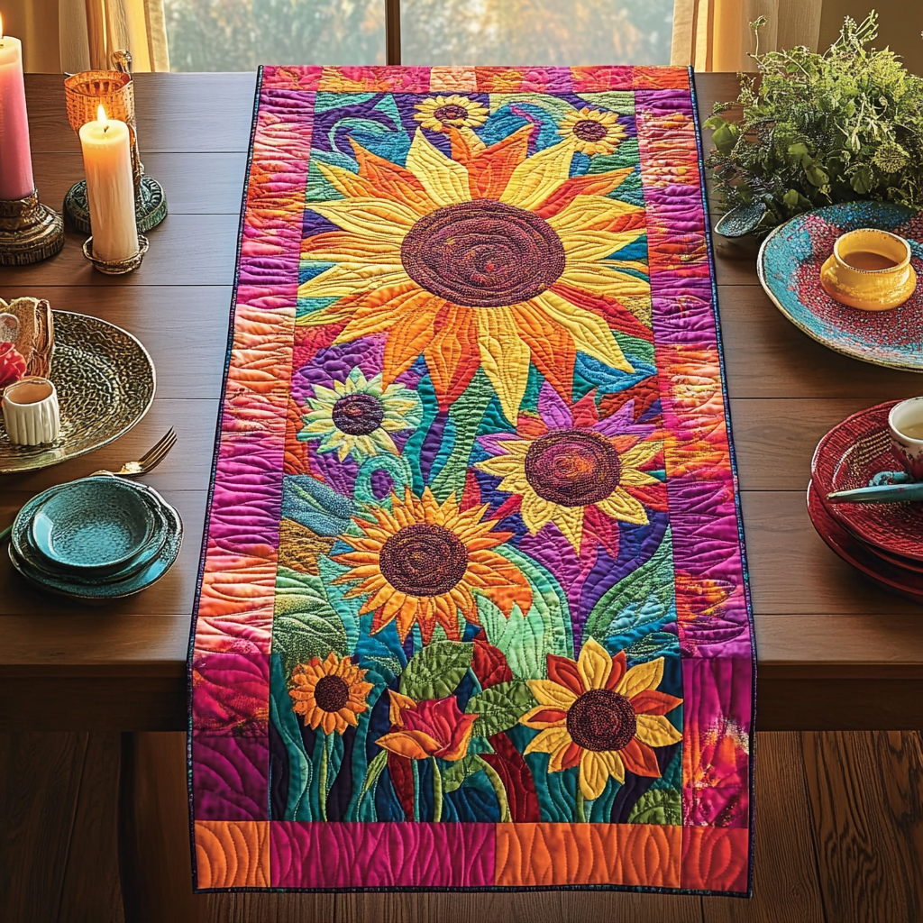 Psychedelic Sunflower Quilted Table Runner NCU0DV512