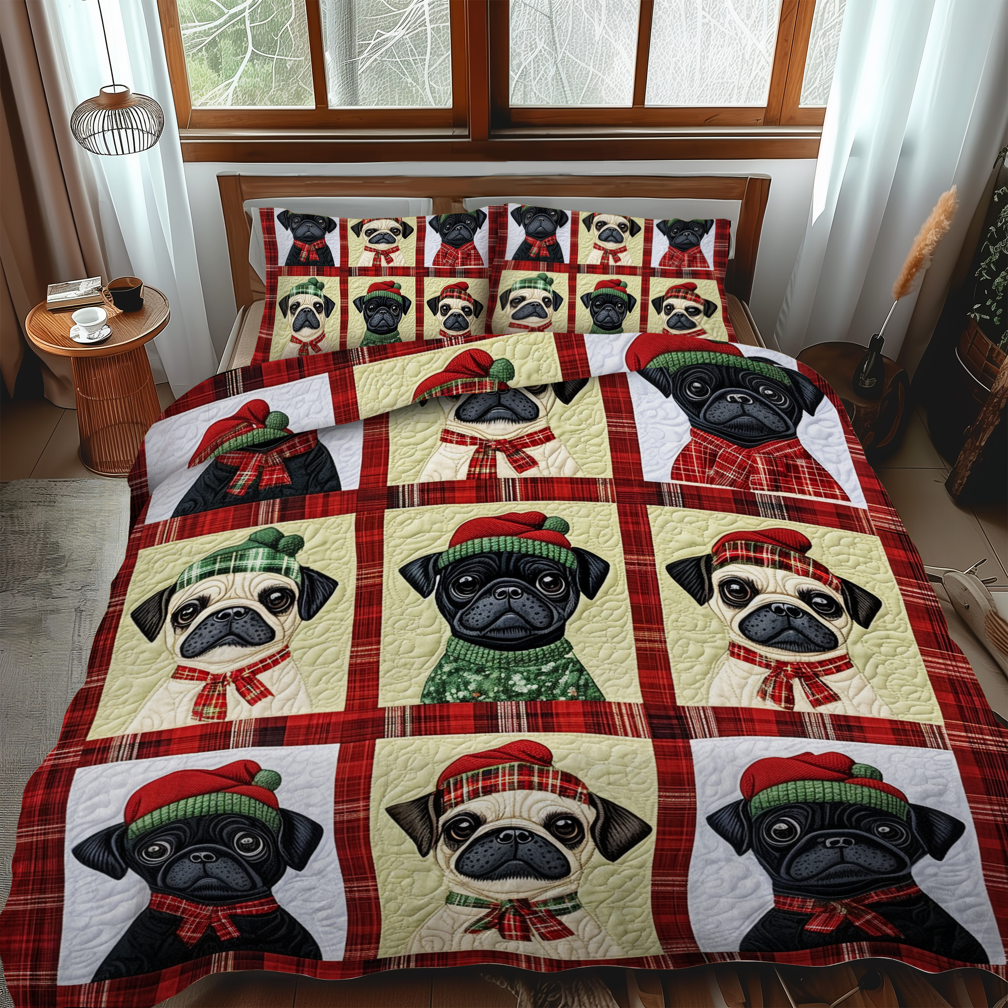 Pug Candy Cane Dreams 3-Piece Quilted Bedding Set NCU0VL594