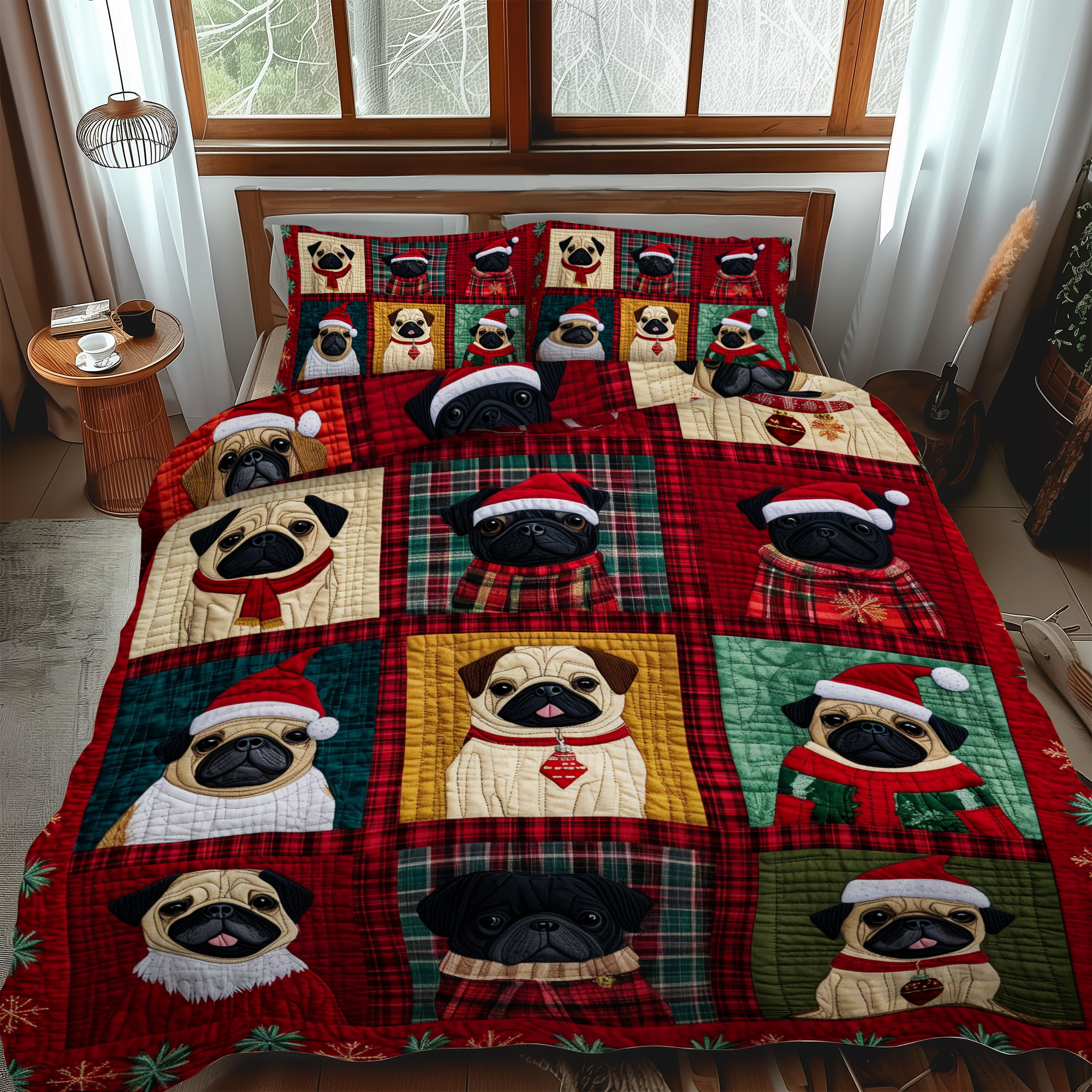 Pug Christmas Cuddles 3-Piece Quilted Bedding Set NCU0VL593