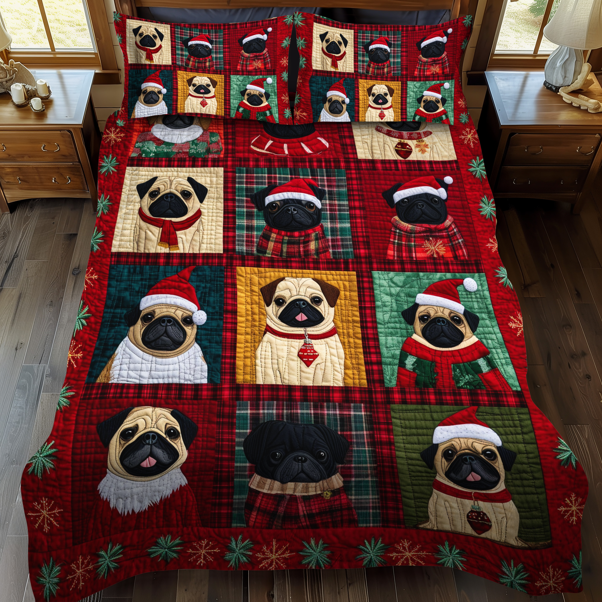 Pug Christmas Cuddles 3-Piece Quilted Bedding Set NCU0VL593