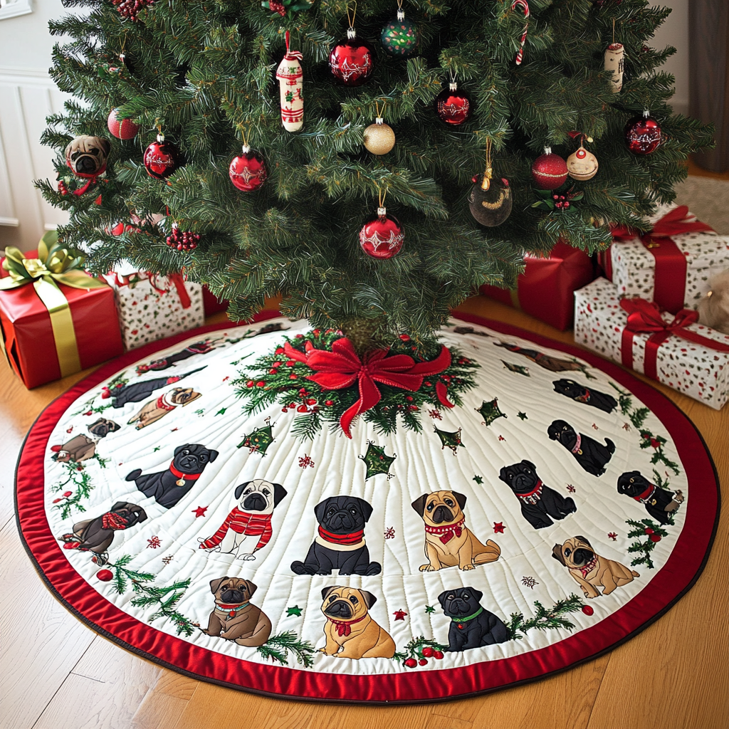 Pug Christmas Joy Christmas Quilted Tree Skirt NCU0DK1738