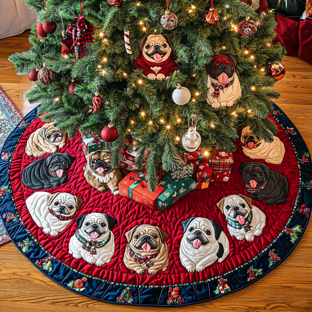 Pug Christmas Joy Christmas Quilted Tree Skirt NCU0DK1945