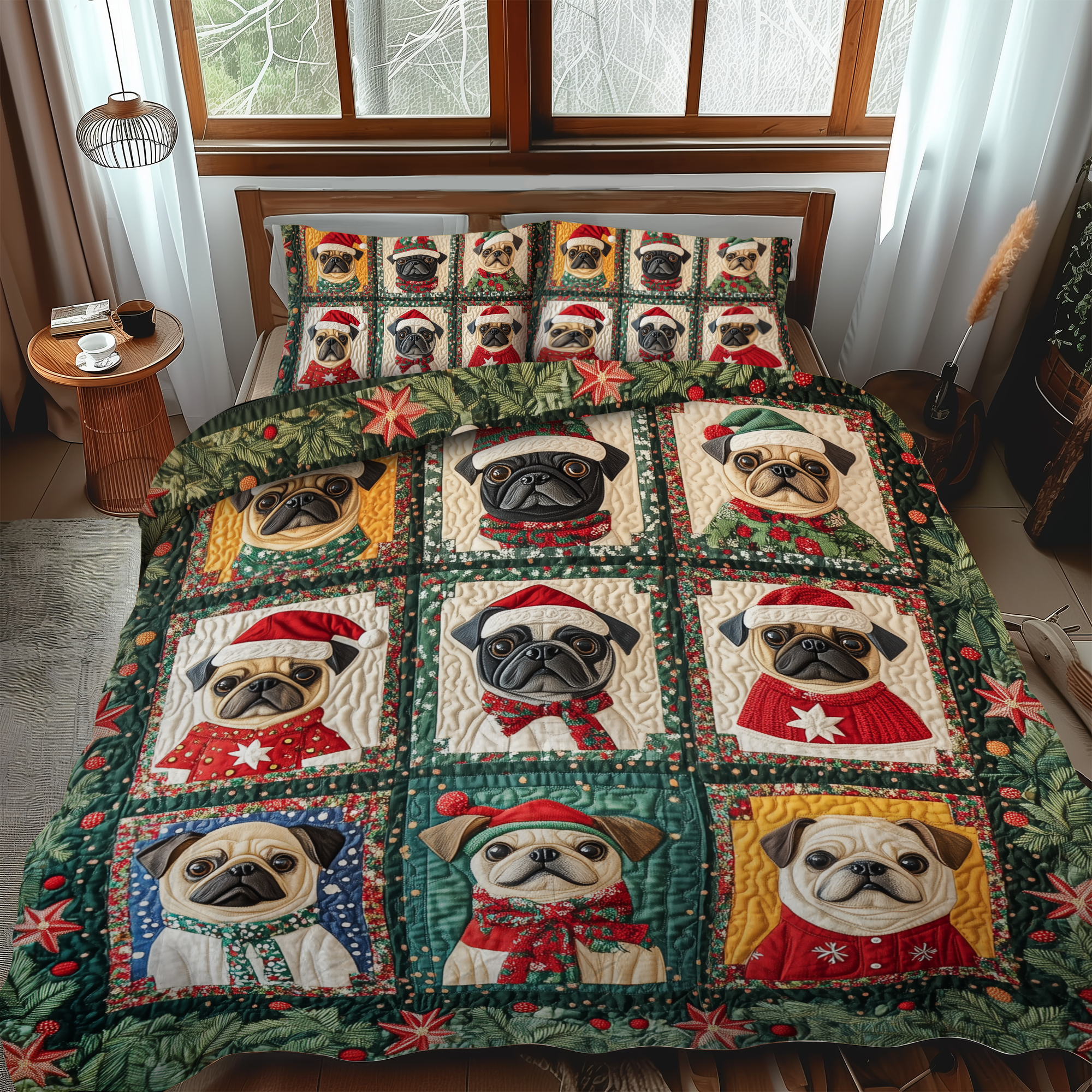 Pug Christmas Tree Snuggle 3-Piece Quilted Bedding Set NCU0VL590