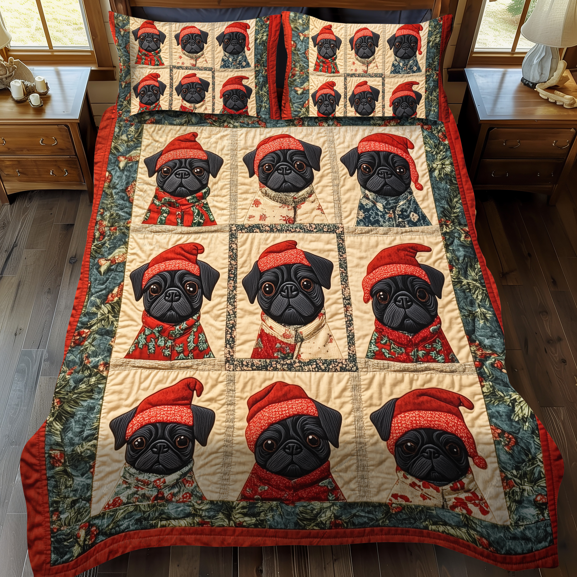 Pug Frosty Fun 3-Piece Quilted Bedding Set NCU0VL588