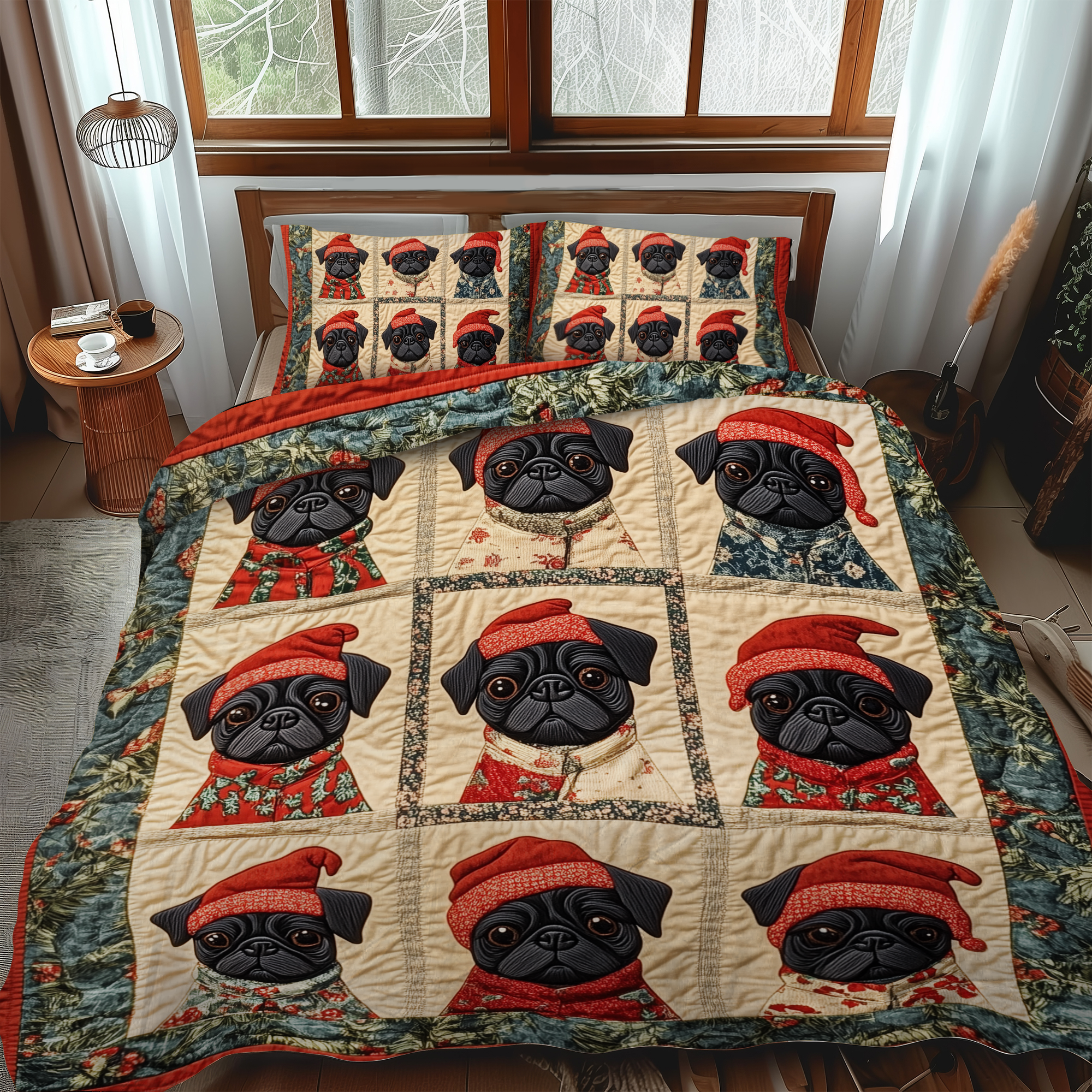 Pug Frosty Fun 3-Piece Quilted Bedding Set NCU0VL588