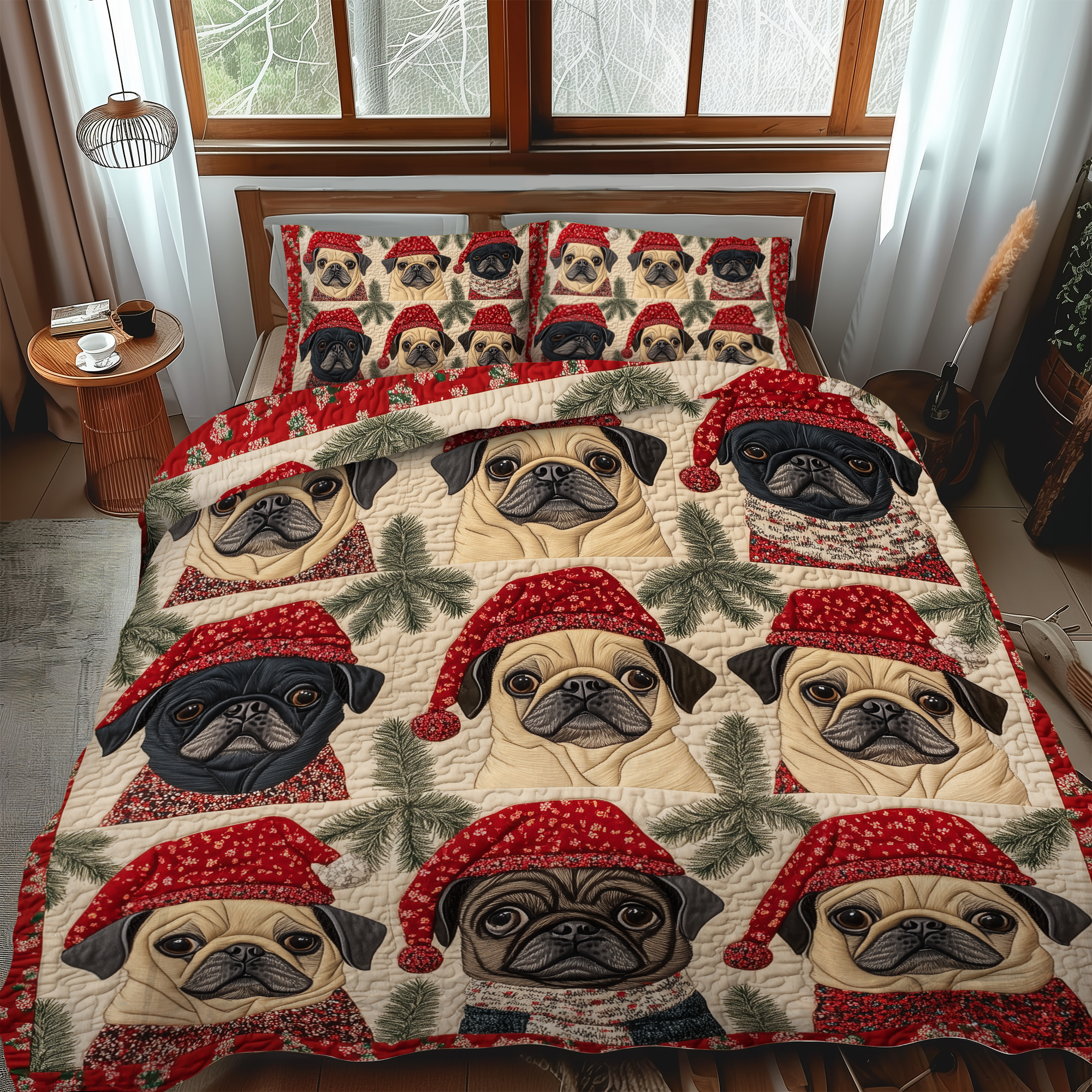 Pug Holiday Joy 3-Piece Quilted Bedding Set NCU0VL589