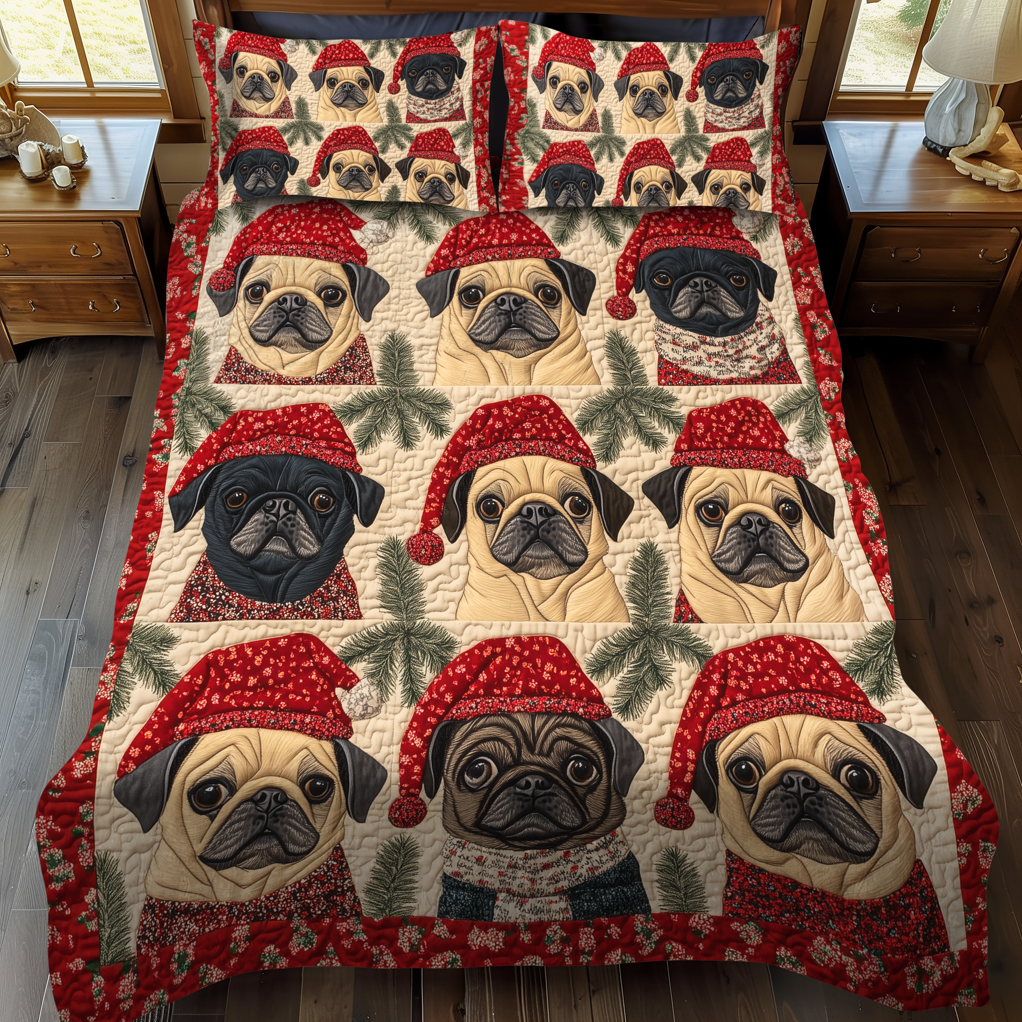 Pug Holiday Joy 3-Piece Quilted Bedding Set NCU0VL589