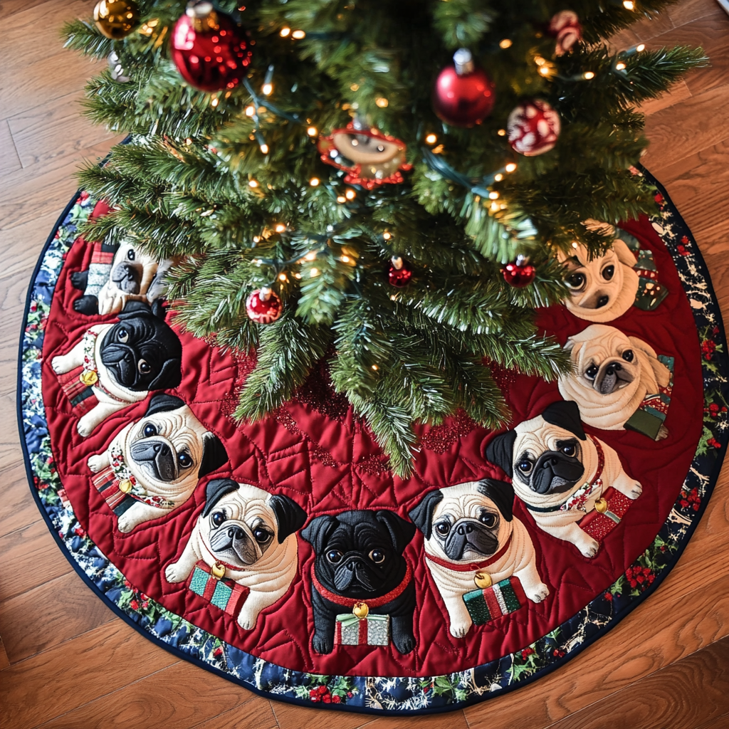 Pug Holiday Spirit Christmas Quilted Tree Skirt NCU0DK1948