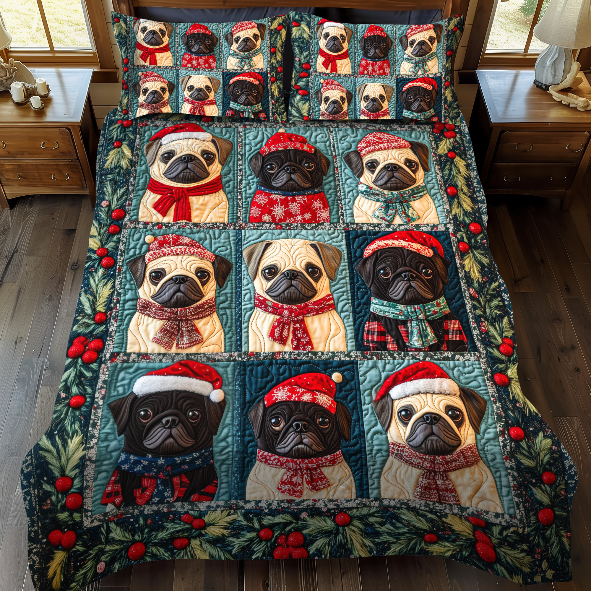 Pug Holiday Warmth 3-Piece Quilted Bedding Set NCU0VL596