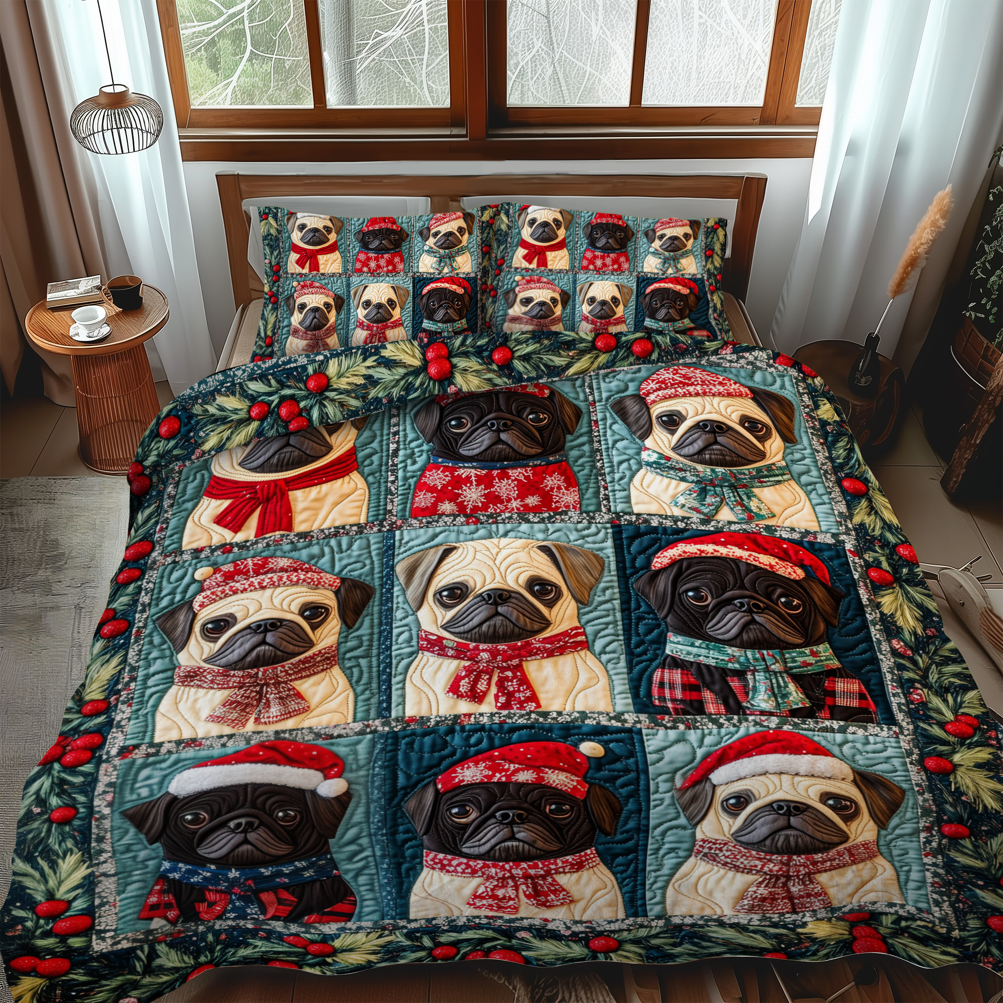 Pug Holiday Warmth 3-Piece Quilted Bedding Set NCU0VL596