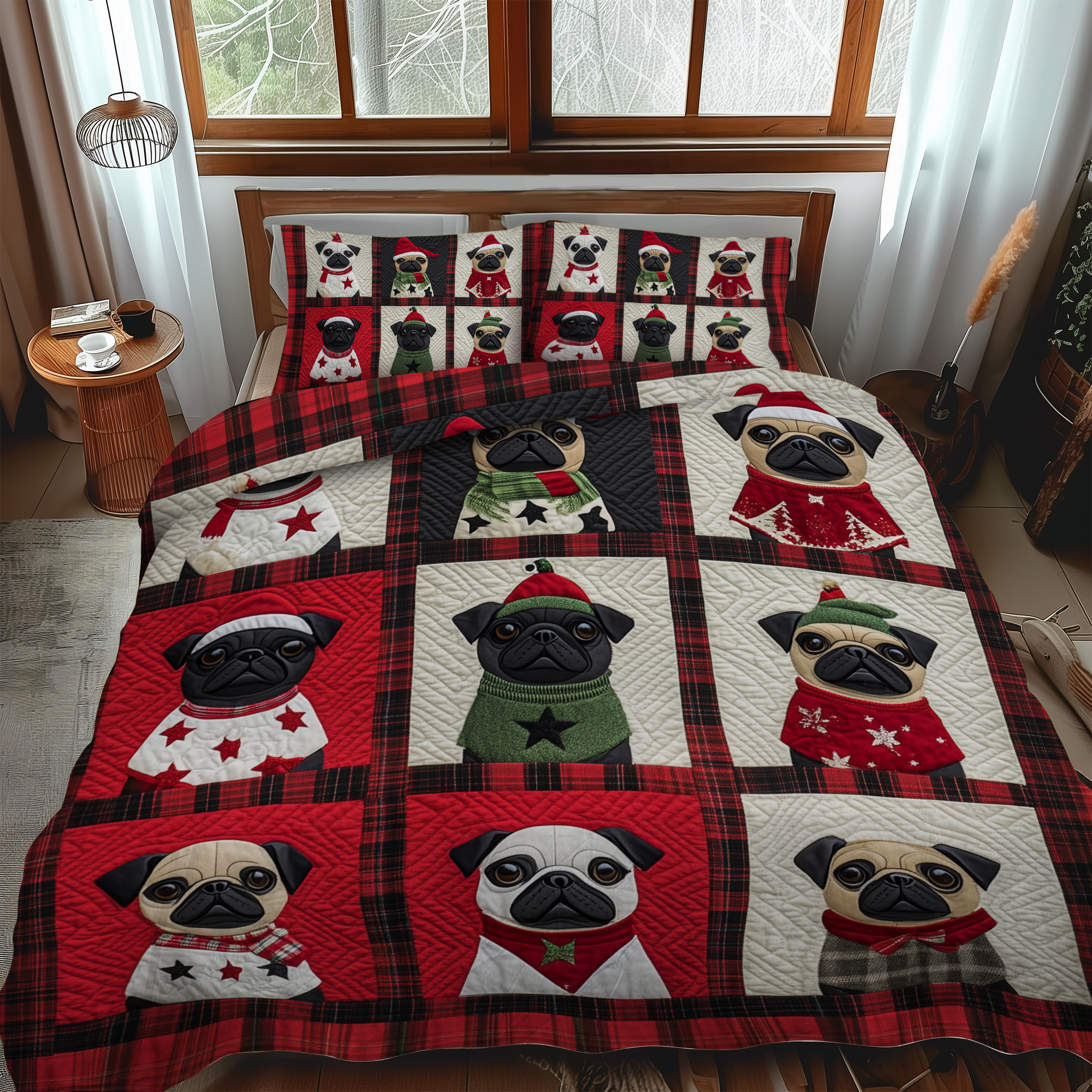 Pug Snowy Adventure 3-Piece Quilted Bedding Set NCU0VL595