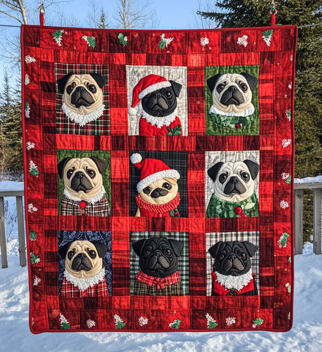 Pug Snowy Adventure Quilted Blanket NCU0VL582