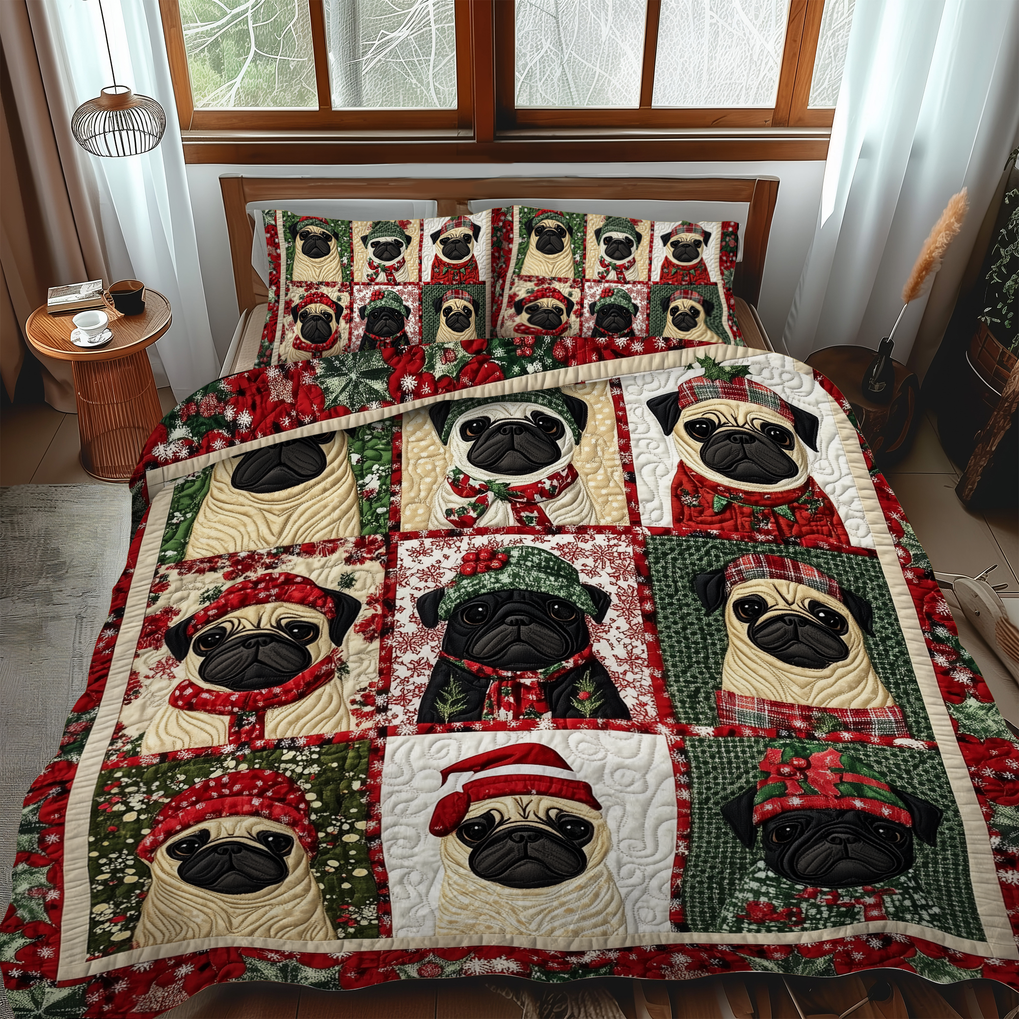 Pug Winter Wishes 3-Piece Quilted Bedding Set NCU0VL591