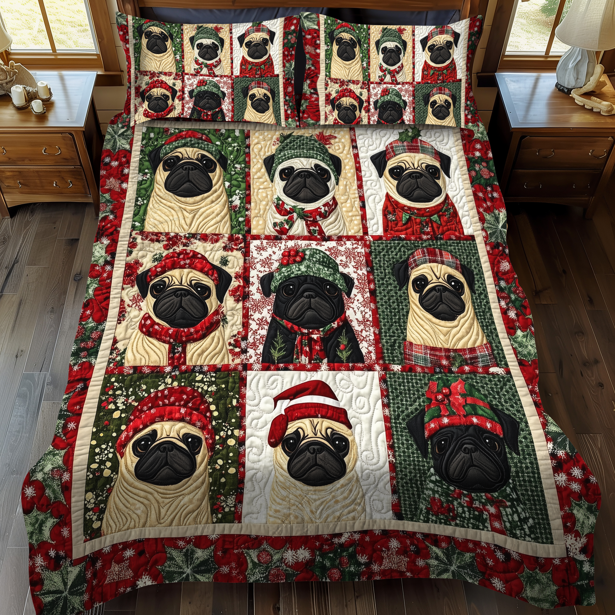 Pug Winter Wishes 3-Piece Quilted Bedding Set NCU0VL591