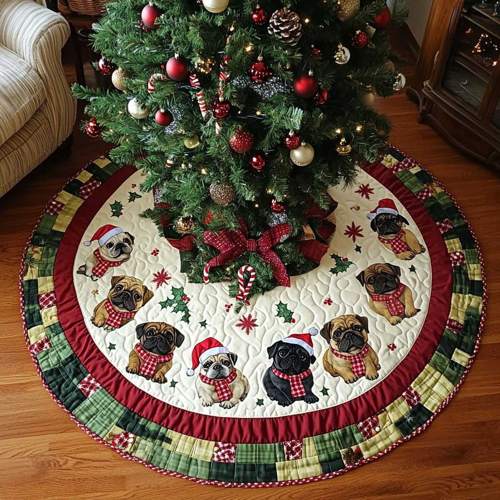 Pug Xmas Joy Christmas Quilted Tree Skirt NCU0DK1741