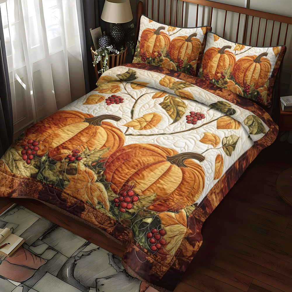 Pumpkin Patch Thanksgiving 3-Piece Quilted Bedding Set NCU0PD704