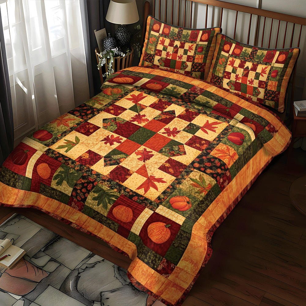 Pumpkin Patchwork Fall 3-Piece Quilted Bedding Set NCU0PD712